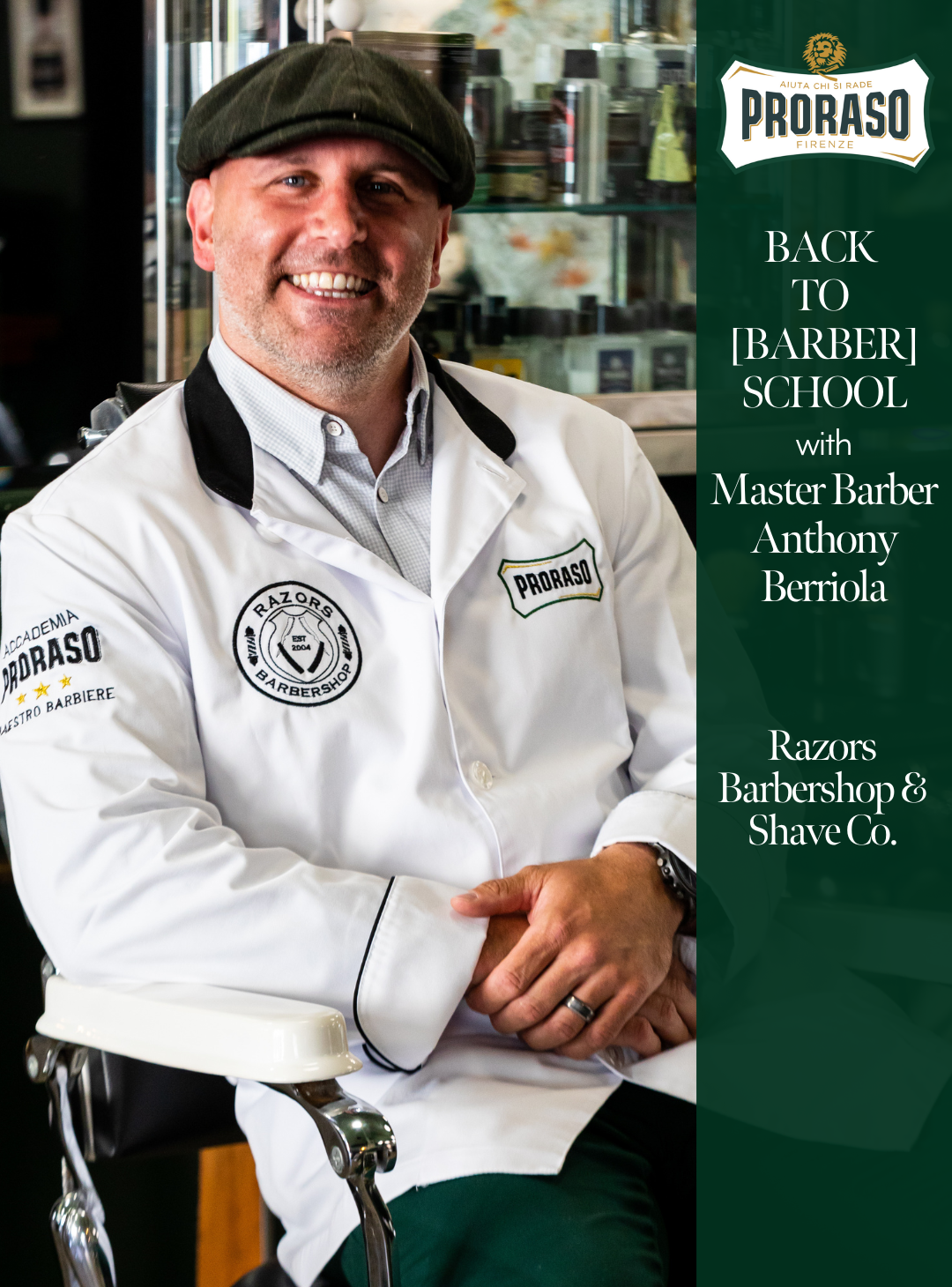 Proraso Master Barber Anthony sits in a barber chair in his shop Razor's Barbershop and Shave Co.