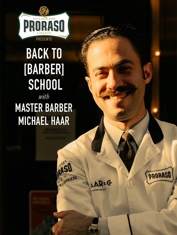 BACK TO [BARBER] SCHOOL: USING A SINGLE BLADE RAZOR image of Proraso Master Barber Michael Haar in front of his barber shop Haar & Co. 