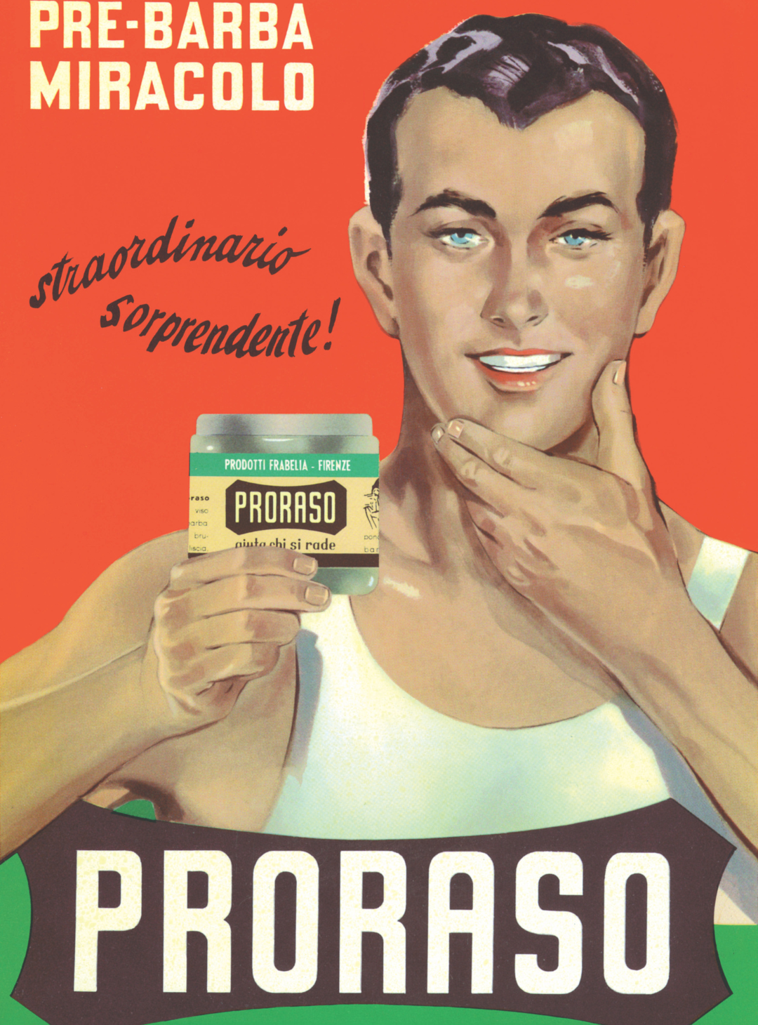 Vintage poster of Gino holding Proraso's first Pre-Shave Cream