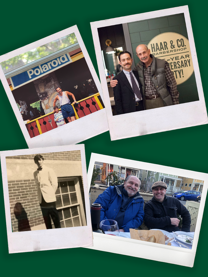 Image of Proraso Master Barber Michael Haar and his father in the 80s then posing in front of Haar & Co. Image of Proraso Master Barber Anthony Berriola with his dad out to lunch and image of his father posing in front of a building