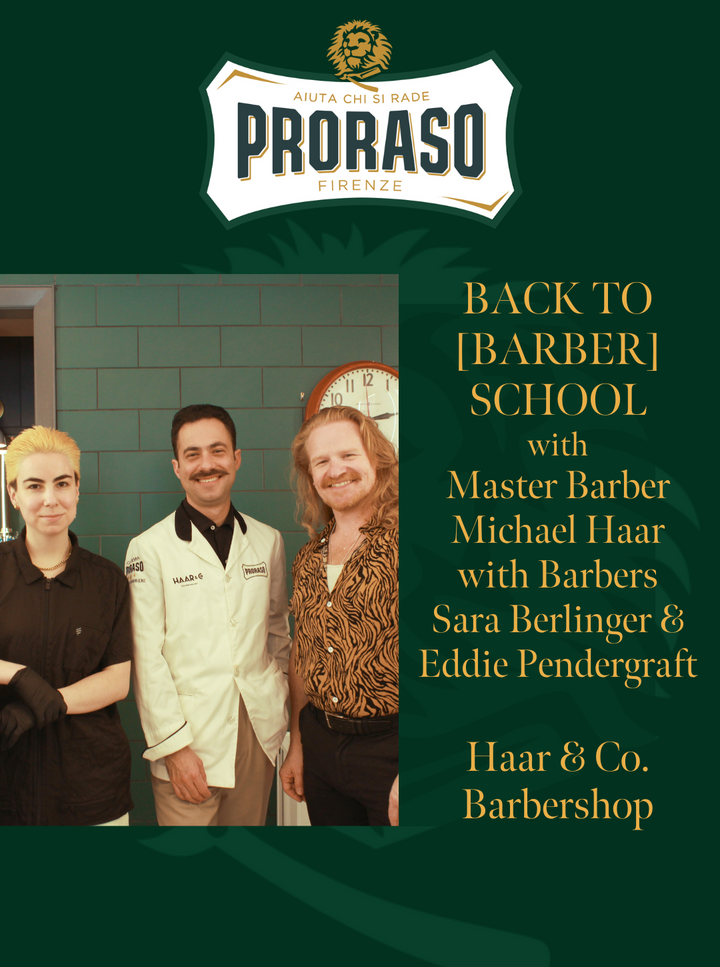 Image of Proraso Master Barber Michael Haar with his two barbers Sara and Eddie in his shop Haar & Co.