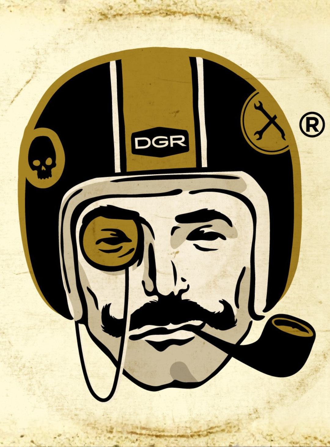 Illustration of man with moustache and smoking pipe wearing a DGR moto helmut
