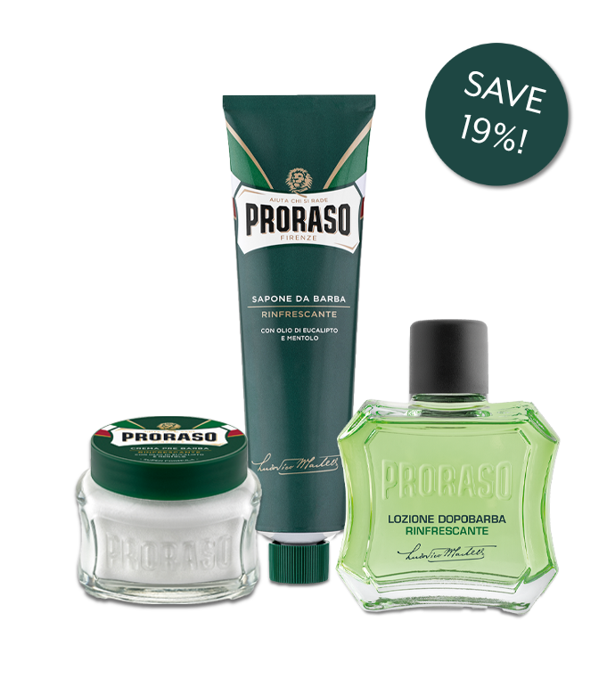 Refreshing Formula Value Bundle includes Pre-Shave Cream, Shaving Cream in a Tube, and After Shave Lotion, at 19% off.