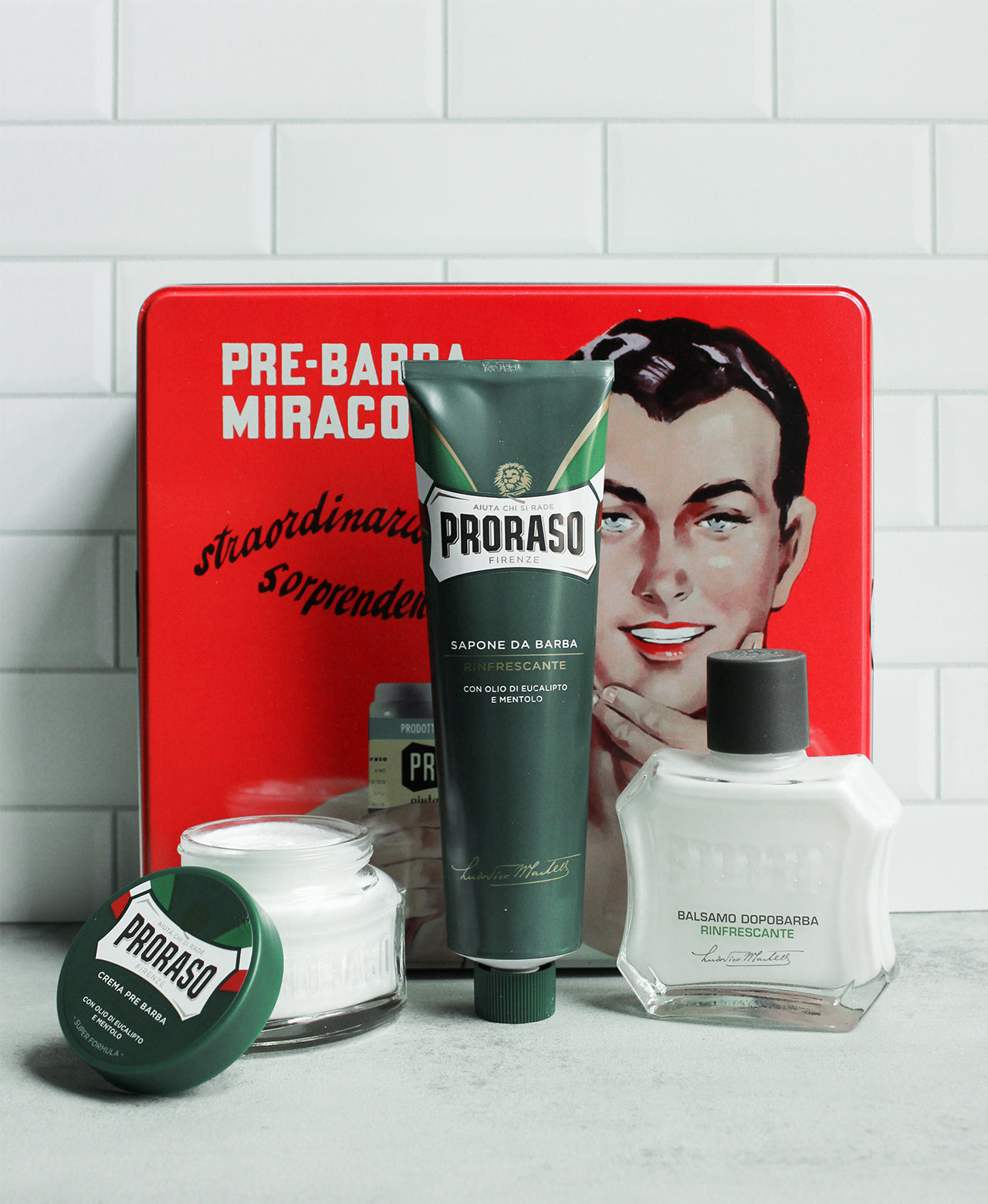 Proraso Refreshing Formula Vintage Gino Tin includes Pre-shave Cream, Shave Cream Tube and After Shave Balm in a collectable tin.