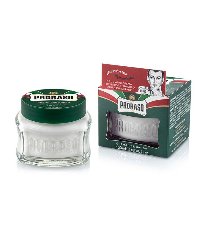 Jar of Refreshing Pre-Shave Cream on a white background with box 