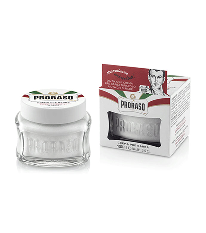 Sensitive Pre-Shave Cream jar with product packing on a white background