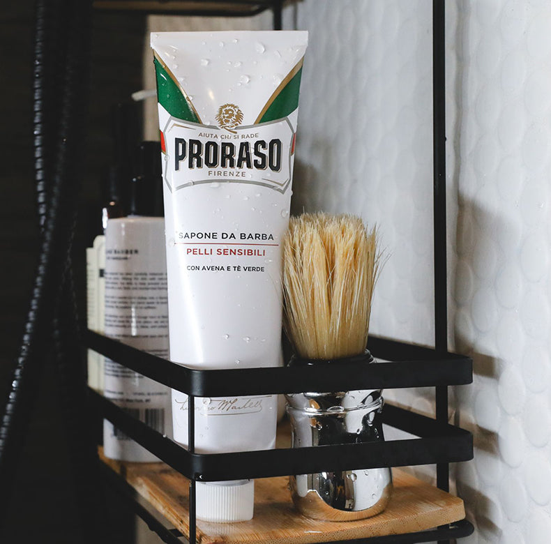 Sensitive Shave Cream Tube and Professional Shave Brush in a shower caddy 