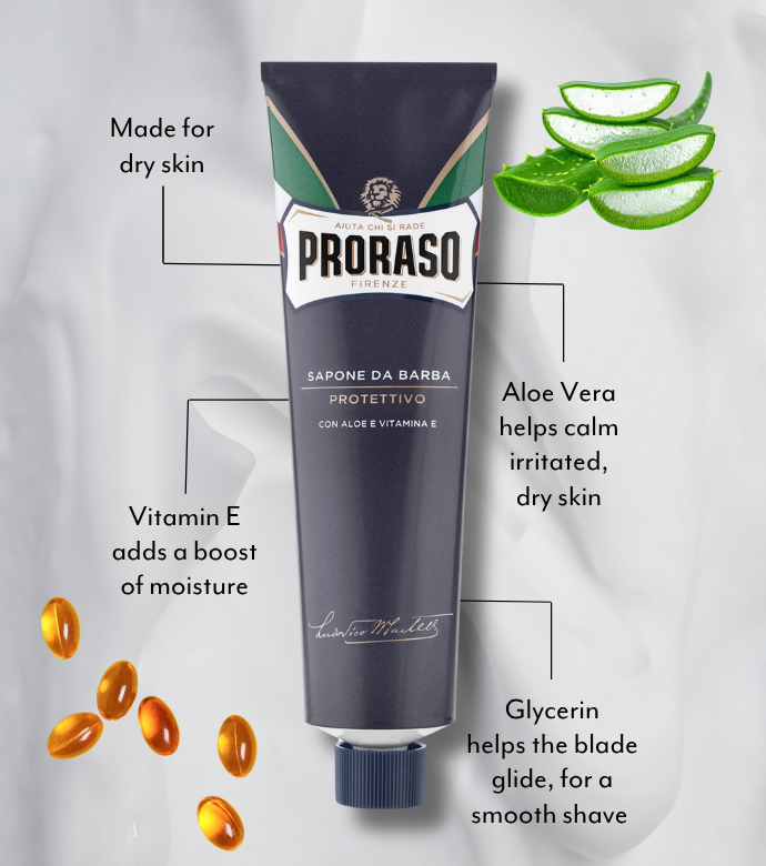 Protective Shave Cream Tube features and benefits graphic with Vitamin E and Aloe Vera