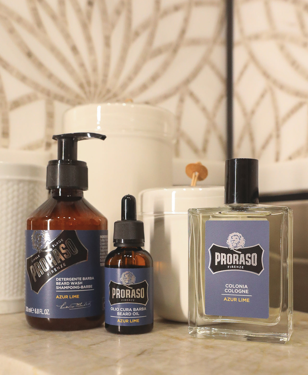 Azur Lime Beard Wash, Beard Oil and Cologne on bathroom counter