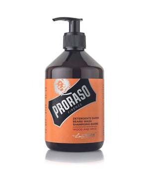 Bottle of Proraso Beard Wash Wood & Spice bottle on white background