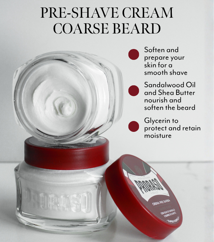 2 jars of Proraso Coarse Beard Pre-Shave Cream with features and benefits