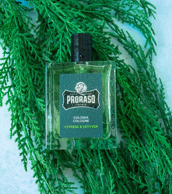 Cypress & Vetyver Colonge sitting on Cypress branch 