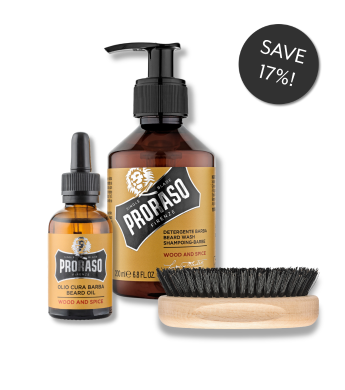 Long Beard Value Bundle includes Wood & Spice Beard Oil, Wood & Spice Beard Wash, and Old Style Military Brush, at 17% off.