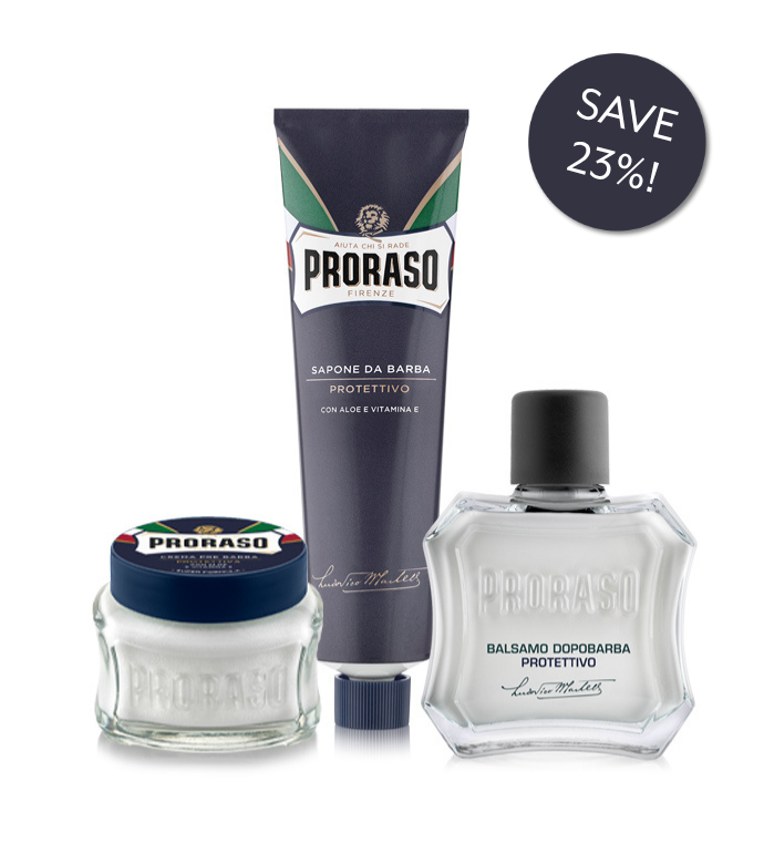 Protective Formula Value Bundle includes Pre-Shave Cream, Shaving Cream in a Tube, and After Shave Balm, at 23% off.