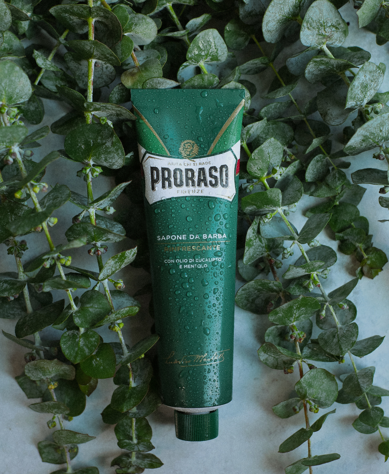 Refreshing Shave Cream Tube laying on top of fresh eucalyptus leavs on a grey table