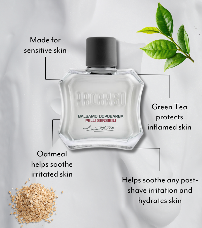 Sensitive After Shave Balm graphic with bottle showing features and benefits with Oatmeal and Green Tea