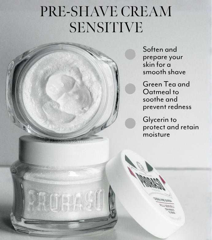 2 jars of Proraso Pre-Shave Cream on a grey background with features and benefits