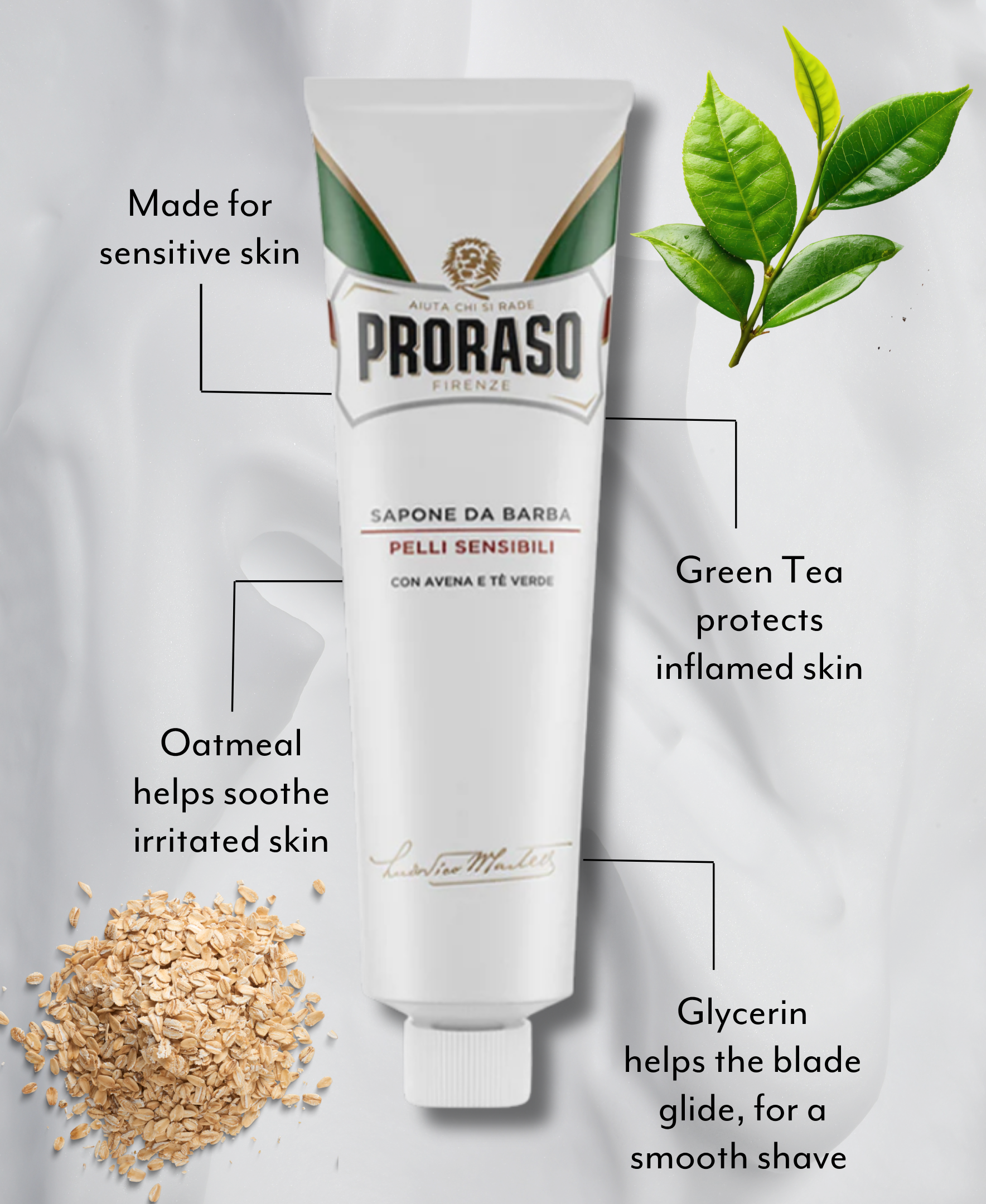 A tube of Proraso sensitive shave cream surrounded by oatmeal and green tea leaves