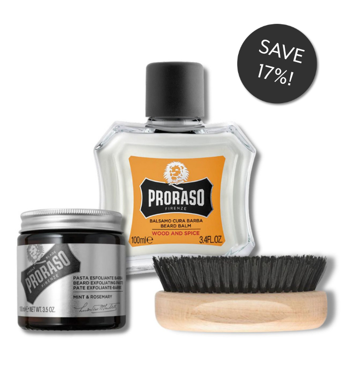 Short Beard Value Bundle includes Wood & Spice Beard Balm, Exfoliating Beard and Facial Scrub, and Old Style Military Brush at 17% off.