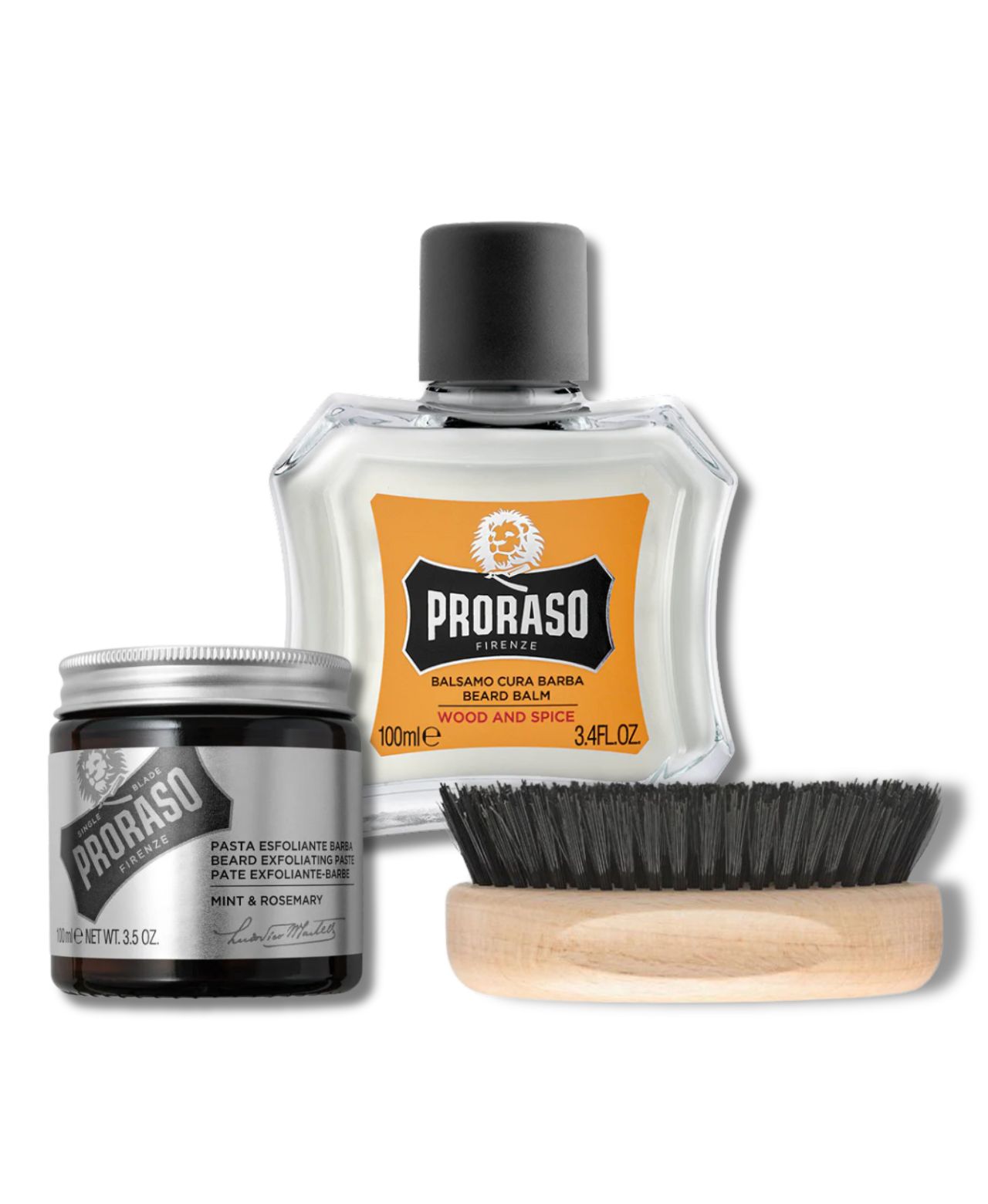 Image of Exfoliating Beard Paste and Facial Scrub, Wood & Spice Beard Balm and Moustache and Beard Brush together on a white background