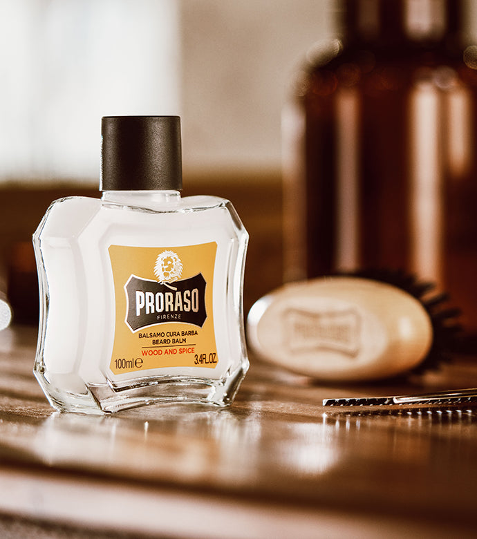 Wood & Spice Beard Balm with Moustache and Beard Brush in background