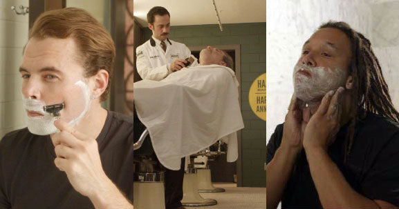 3 images: man shaving with a cartridge razor, barber shaving his client, man massaging in shave cream on his face