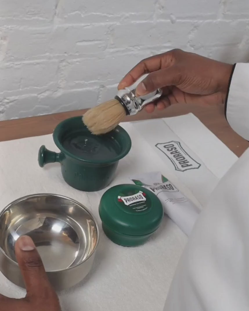 Man building a lather using our Professional Shave Brush and Shave Soap in a Bowl Refreshing Formula for All Skin Types