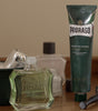 Proraso Refreshing sink side counter set up: Proraso Refreshing After Shave Lotion, Refreshing Shave Cream Tube, Refreshing Aftershave Lotion and shave bowl with a thick lather with a Proraso Professional Shave Brush.