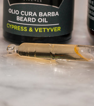 Close-up of Proraso Cypress & Vetyver  Beard Oil bottle and oil dropper lid.