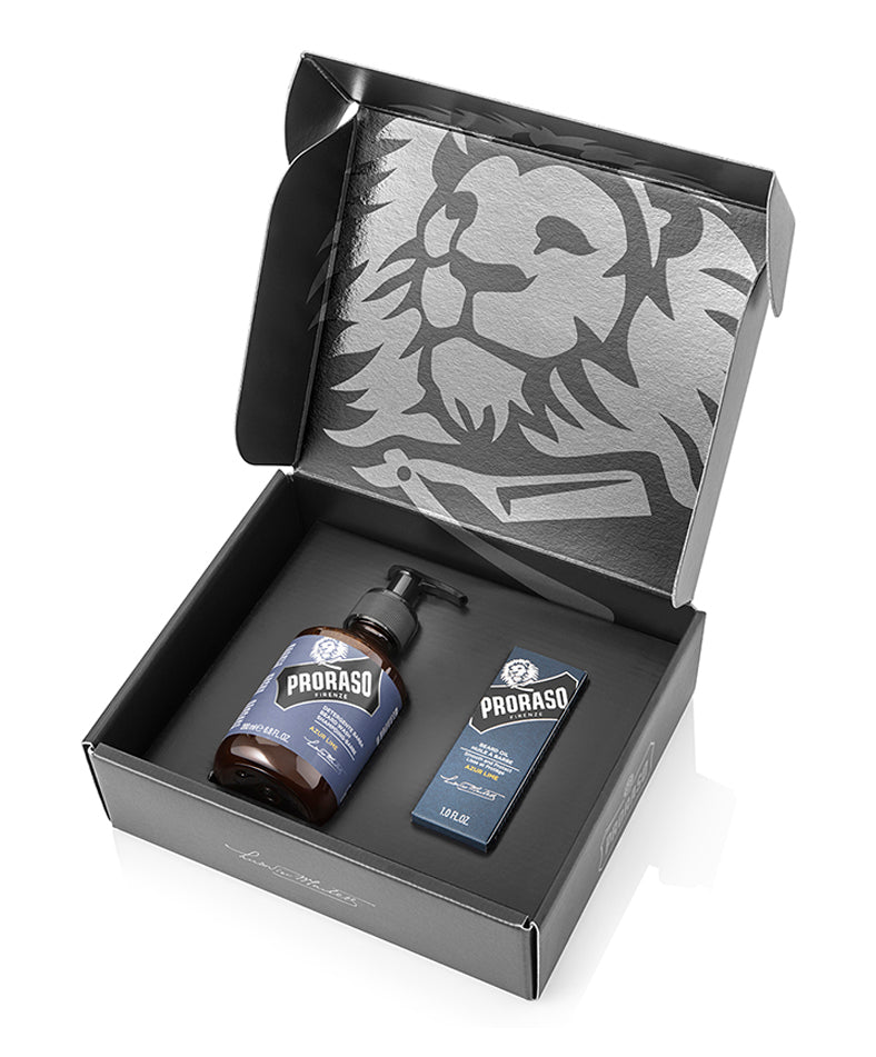 Proraso Beard Care Kit Duo Box open view with Azur Lime Beard Wash and Beard OIl