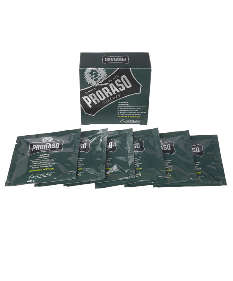 Proraso Refreshing Cologne Tissues set of 6 individually wrapped towelettes, Cypress Vetyver scent